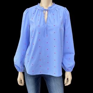 LOFT Top Women Small Blue Long Sleeve Blouse Embroidered Popover Cotton